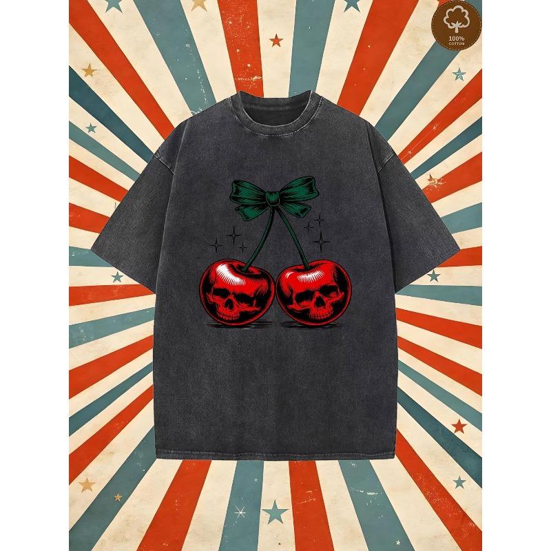 

European Size Men s Heavy-Duty Washed Vintage T-Shirt -Dark Grey with Red Cherries - Oversized Streetwear Tee for Halloween, Gothic Parties and Casual 5XL чорний