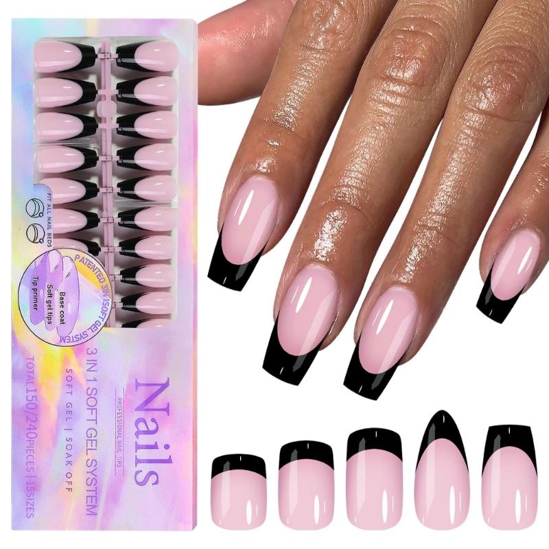 150Pcs Black French Tip Gel Nail Tips Short Coffin Shape Press on Nails Short for Women False Nails 15 Sizes