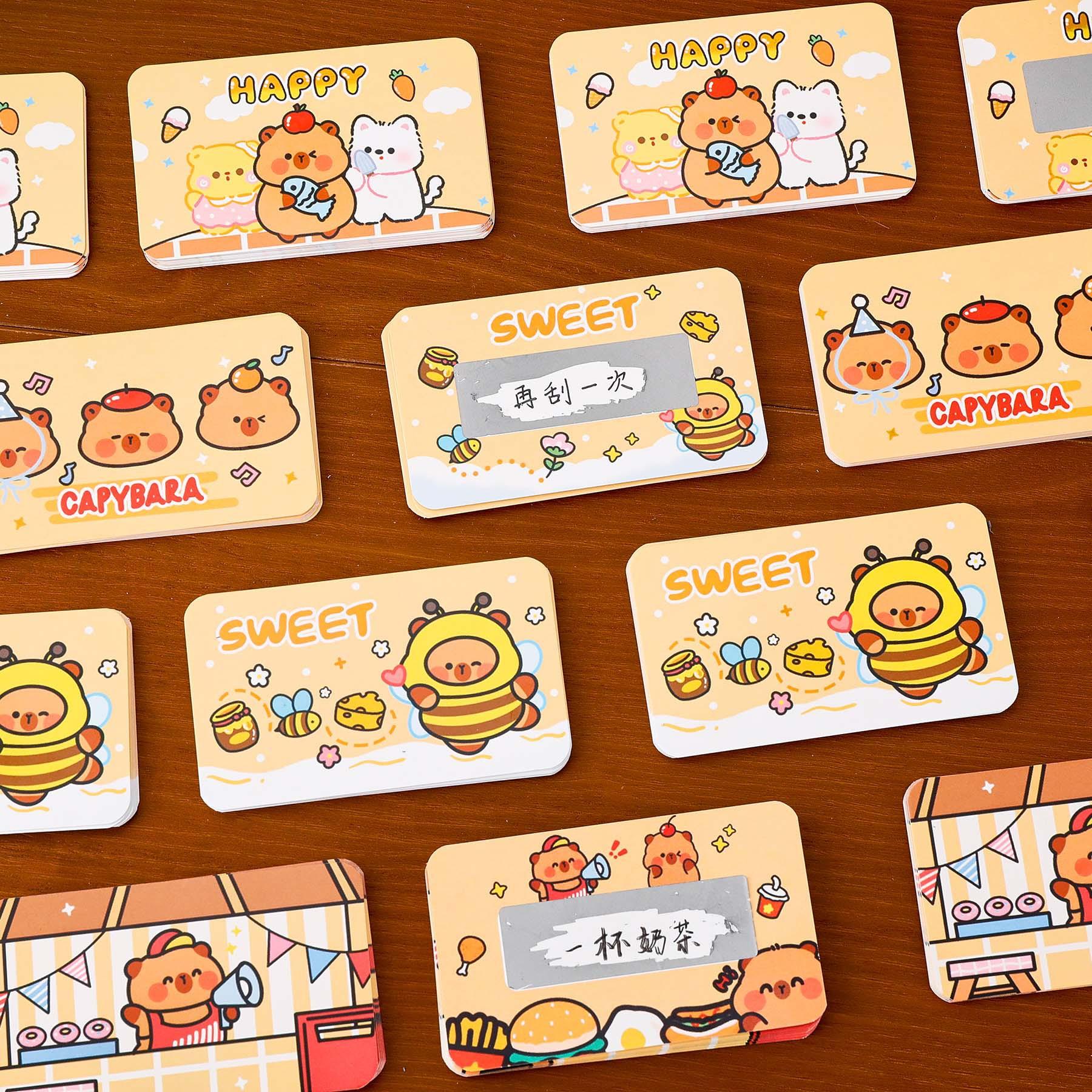 50 Sheets Cartoon Animal Capybara Theme DIY Rewards Scratch Cards Invitation Cards for Kids Birthday school reward Party Decor