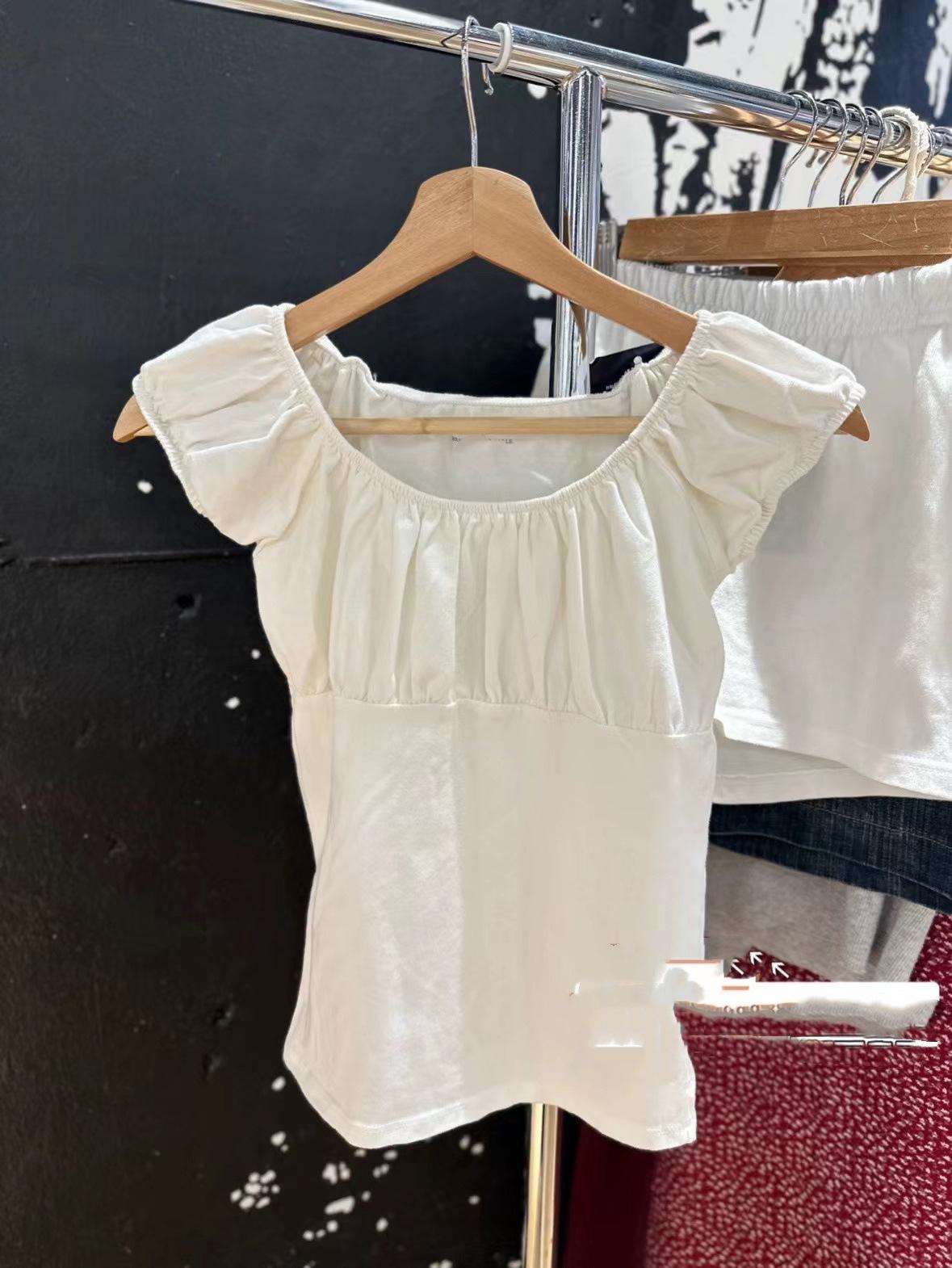 Cream Square Neck Puff Short Sleeve Ruched Bust Textured Women’s Fitted Blouse One size fits all белый
