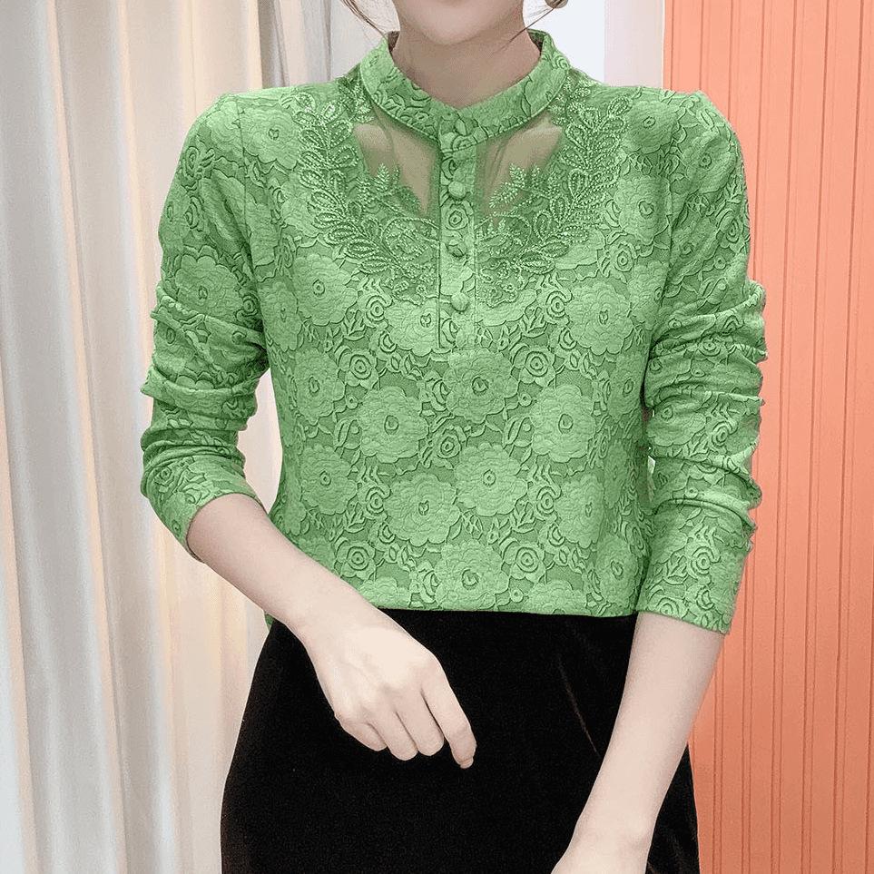

Women s Elegant Stand Collar Lace Top with Long Sleeves and Plus Velvet Layer 2XL (55-60 kg) зелений