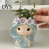 Small Succulents Planter for Desk Cute Girl Planter, Blue Hair Garland Head Cartoon Face Cacti Decorative Resin Plant Pot Indoor Plants Waterproof