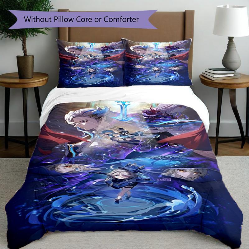 Set copripiumino 3 pezzi (1*Copripiumino + 2*Federe, Senza Nucleo), Set Biancheria da Letto con Stampa Genshin Impact, Decorazione per Camera da Letto, Stagione Unica, Regalo di Compleanno