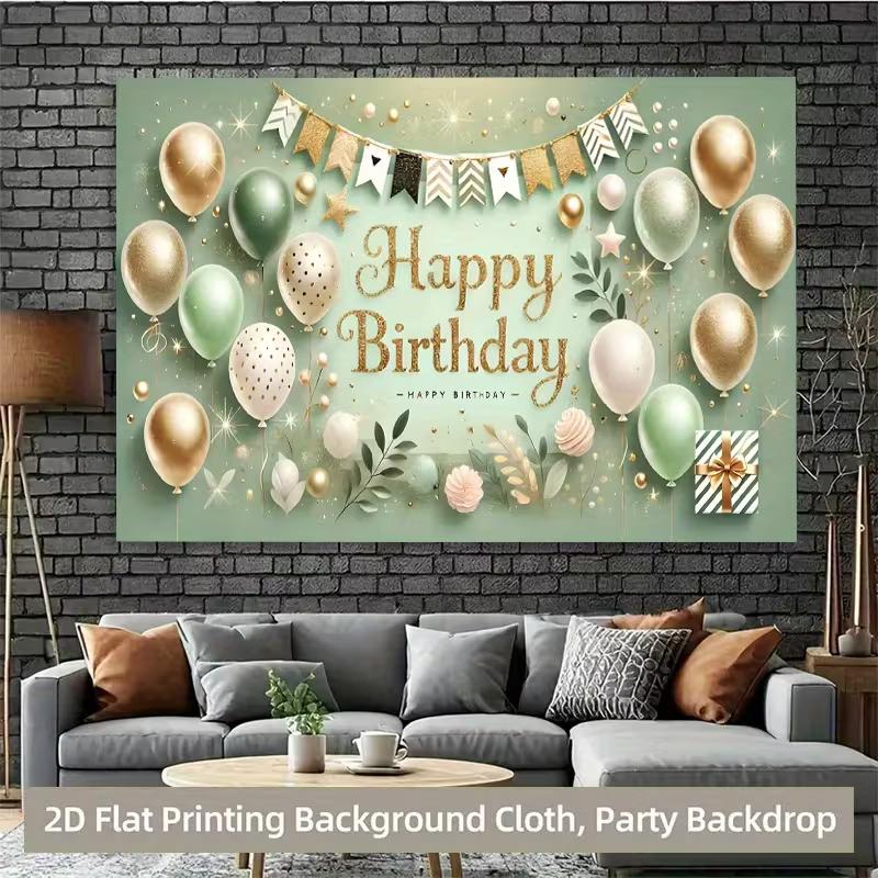 2D Sage Green Gold Happy Birthday Backdrop Banner, 8x6ft Party Background