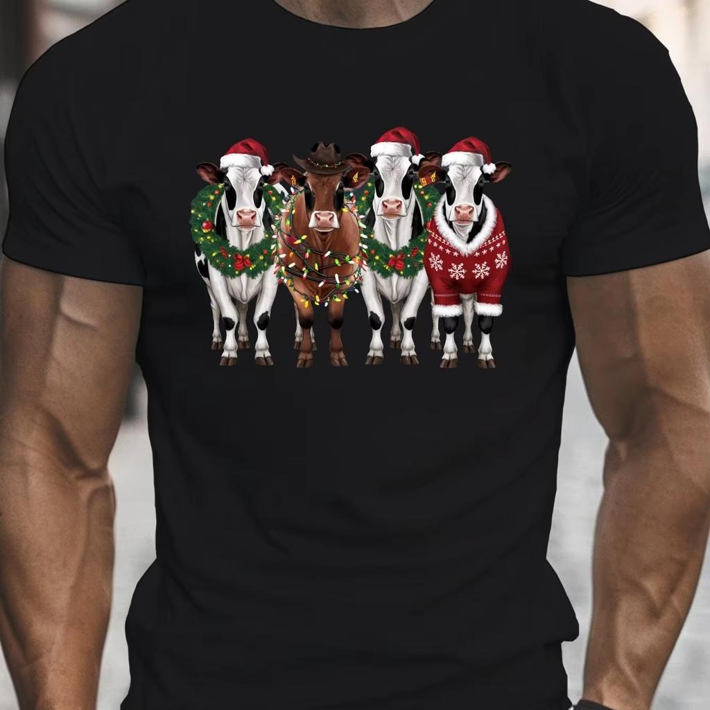 2026 New Christmas Cow Graphic TShirt Farm Holiday Theme Unisex Oversized Breathable Cotton Black Short Sleeve Streetwear Tee