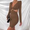 Women's Hollow Long Sleeve Low Neckline Sexy Dress Dress