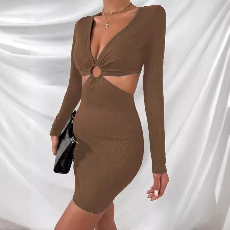 Women's Hollow Long Sleeve Low Neckline Sexy Dress Dress