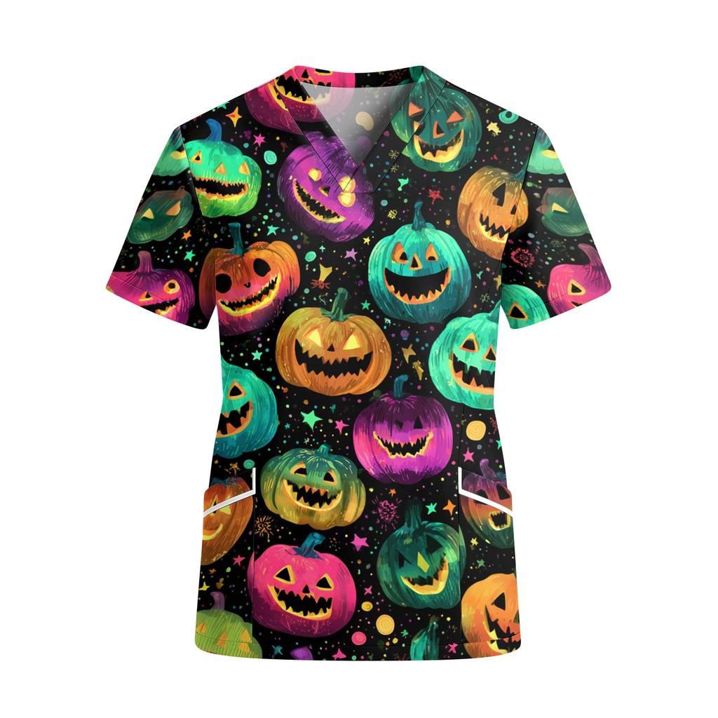 Women V Neck Short Sleeve Work Top with Pockets Halloween Pumpkin Print Medical Scrub Shirt Lightweight Comfortable Fit
