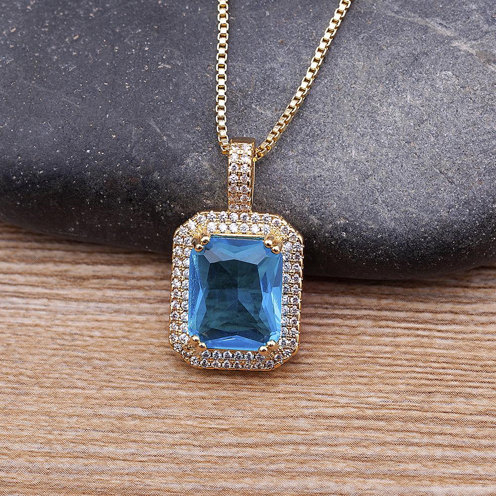Nidin Top Quality Austrian Crystal Geometric Rectangle Pendant Necklaces For Women 5 Colors Stone Zircon Party Wedding Jewelry