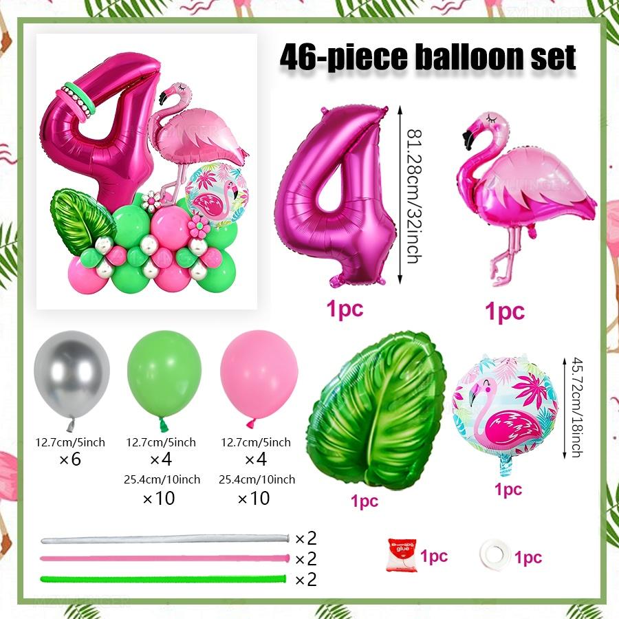 46pcs Flamingo Hawaii Theme Balloon Set Rose Red Digital Balloon 0-9 Leaf Balloon for Birthday Party Anniversary Decoration