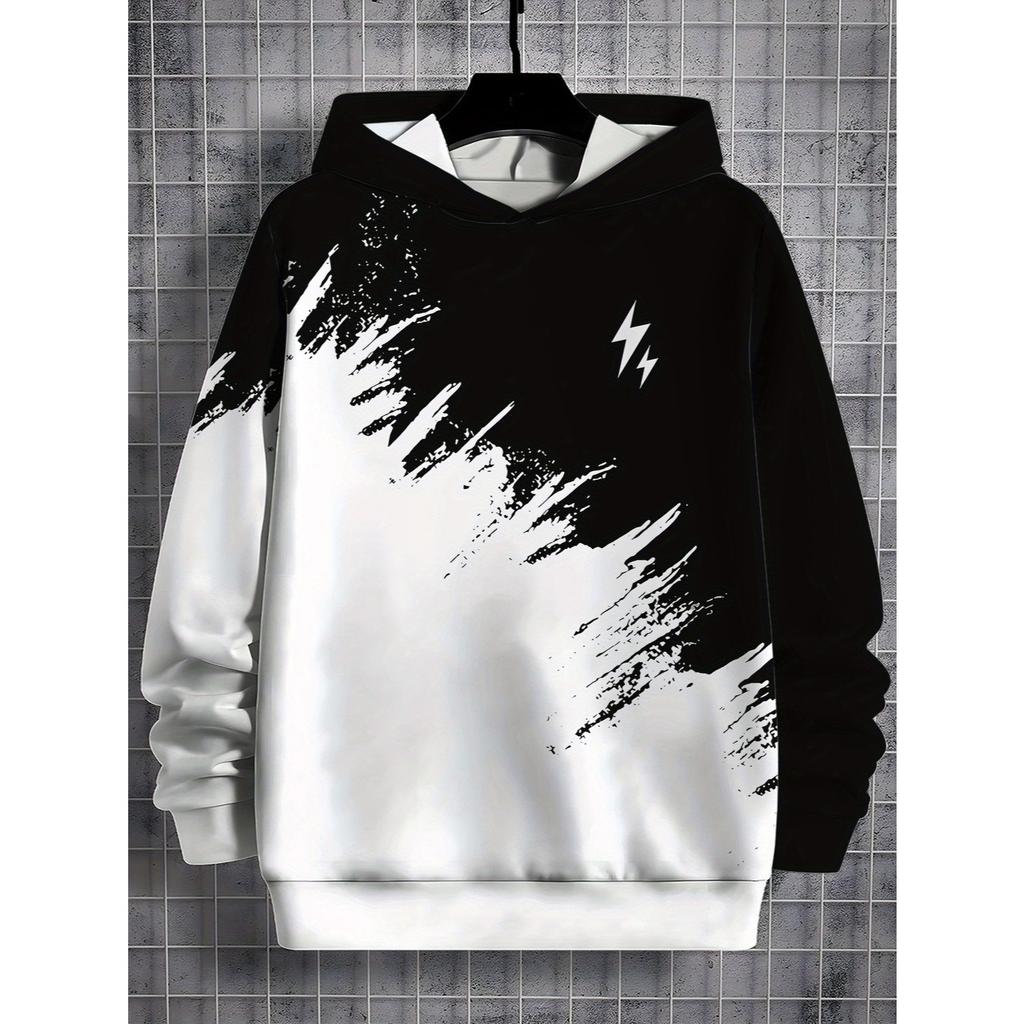 Boys' black and white hooded sweatshirt - street style pullover, long sleeved casual outfit suitable for school and play