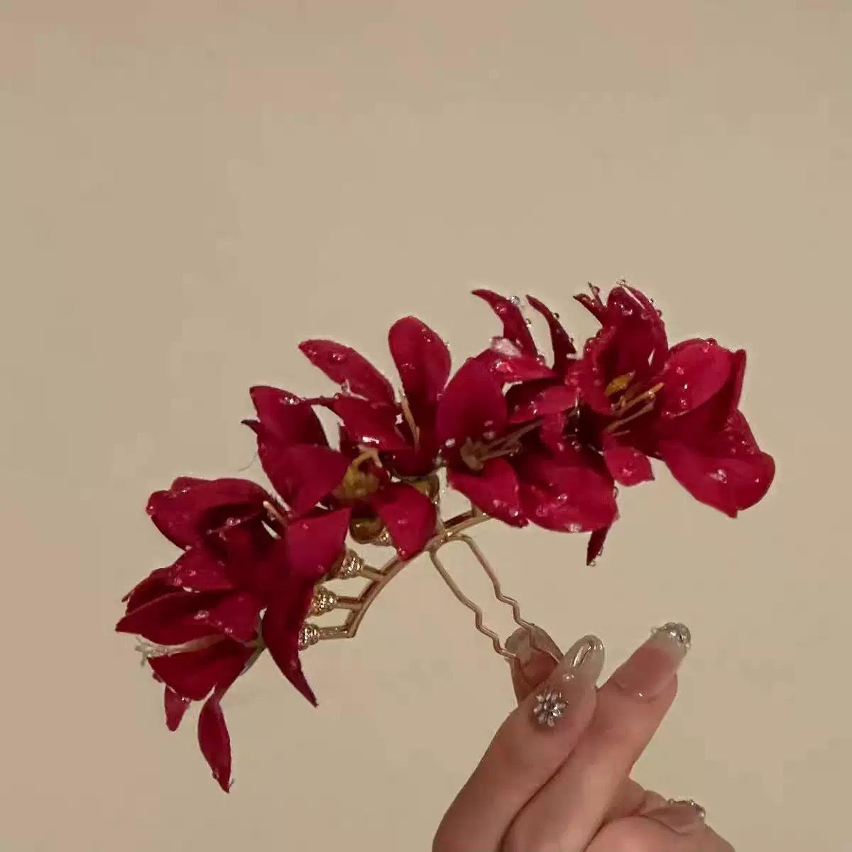 Crimson Huazhang New Year Red Flower Hairpin Female Super Fairy Seaside Vacation Style Headwear Chinese National