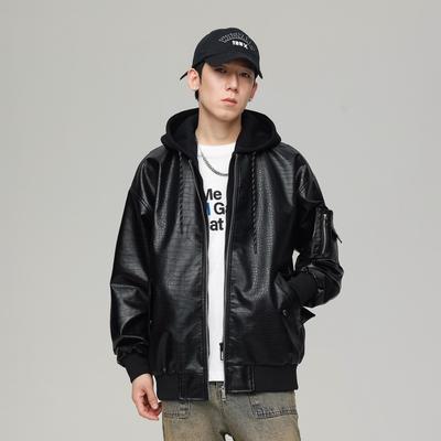 Dragon Scale Leather Jacket Men's New Fashion Brand Autumn New Korean Fashion Casual Fake Two-piece Combination of Hooded Jacket