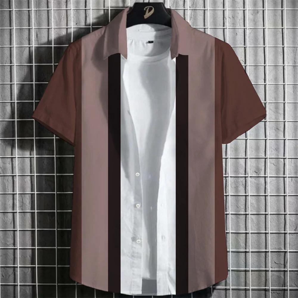 Spring Summer Men Clothes Short Sleeve Stripe Shirt 3D Digital Print Casual Tops