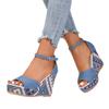 2025 Foreign Trade New European and American Style Denim Round Head Hollow One-word Buckle Weave Water Platform Muffin Bottom Slope Heel Sandals