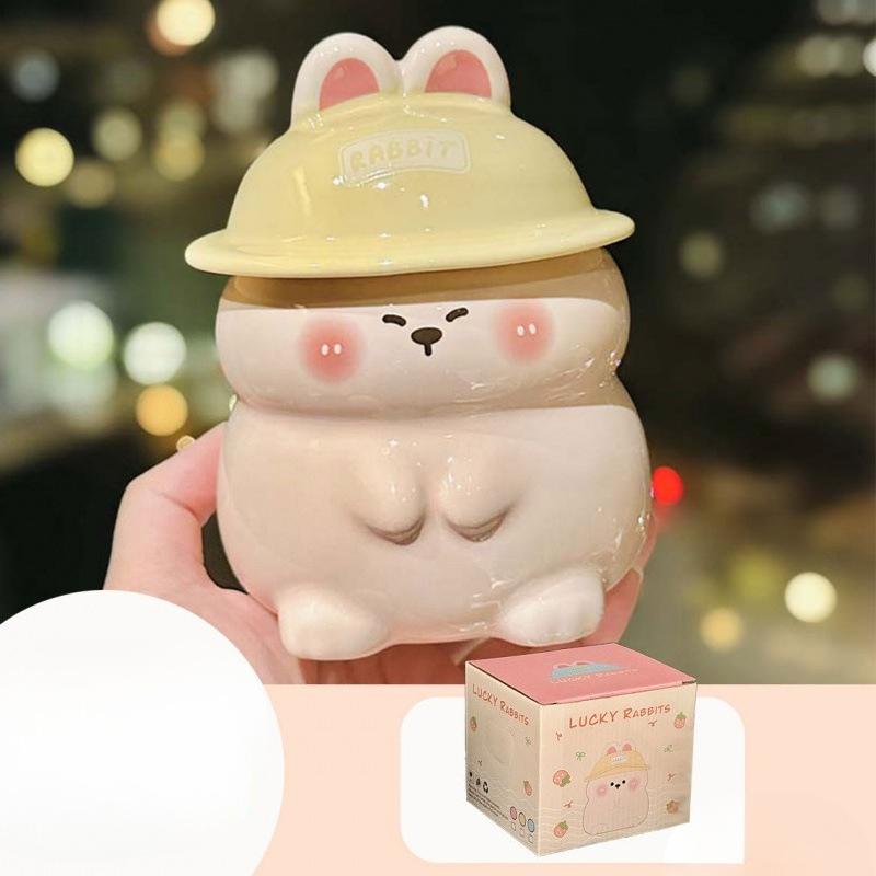 

Creative Shape Bunny Ceramic Mug with Lid Three-dimensional Design Cartoon Household Milk Oatmeal Cup Souvenir 380ml