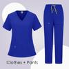 Women's Short Sleeved Solid Color V-Neck Pocket Top Pants Work Clothes Two Piece Set
