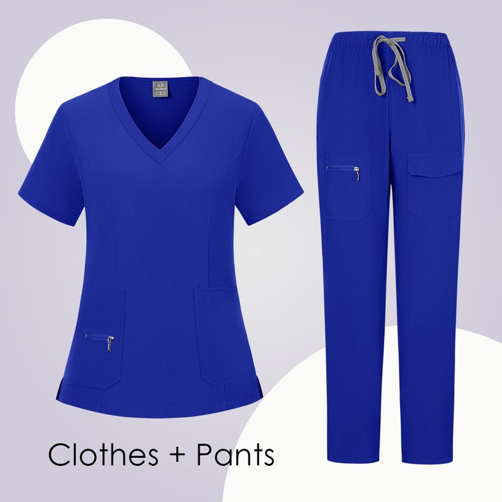 Women's Short Sleeved Solid Color V-Neck Pocket Top Pants Work Clothes Two Piece Set