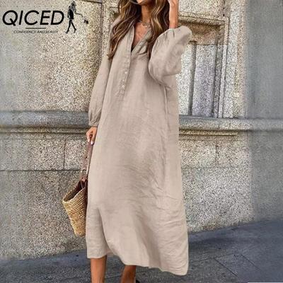 Women's Fashion Spring Autumn Solid Color Print Long Sleeve High Waist Casual Dresses