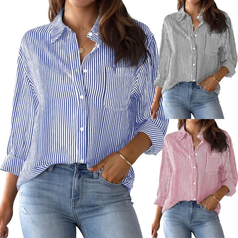 

YJKDYK 2024 Spring Autumn Women s Blouses Female Long Sleeve Tops Buckle Up Shirt Striped Classic Long Sleeved Office Work Shirt S рожевий