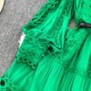 Elegant Crochet Lace Dresses for Women Hollow Out O Neck Lantern Sleeve A Line Belted Vestidos Court Style Dress Dropship