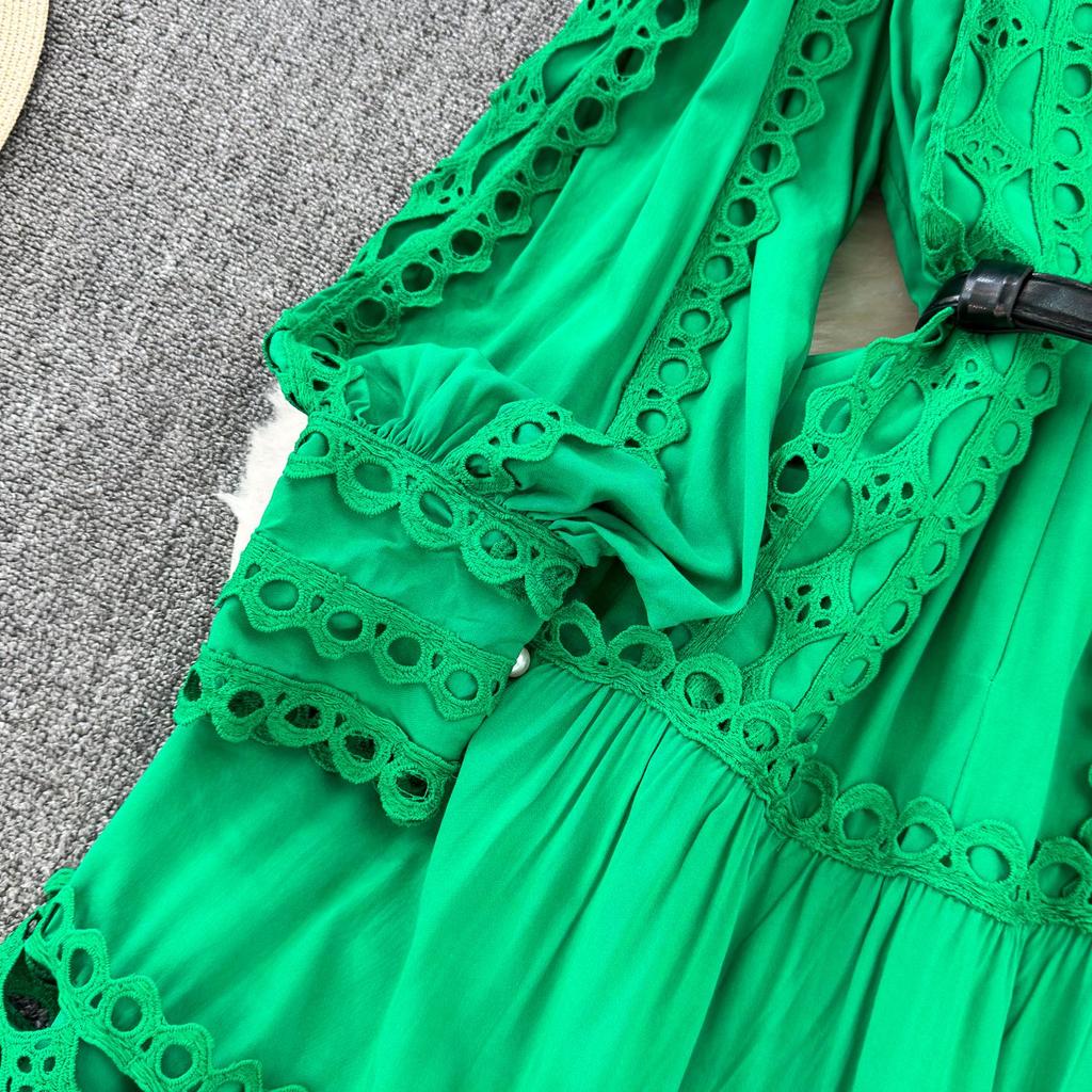 Elegant Crochet Lace Dresses for Women Hollow Out O Neck Lantern Sleeve A Line Belted Vestidos Court Style Dress Dropship