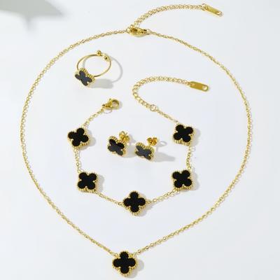 4PCS 13MM Fashion Clover Necklace Bracelet Earring Set Stainless Steel Tassel Jewelry Set