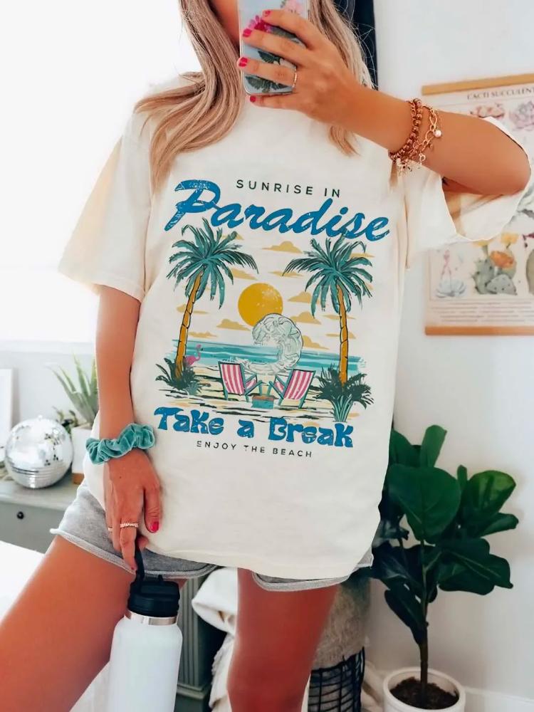 Cute Tropical Beach T Shirt Fashion Womens Loose Basic Round Neck Short Sleeved TShirt Summer Versatile Printed Sweet TShirt