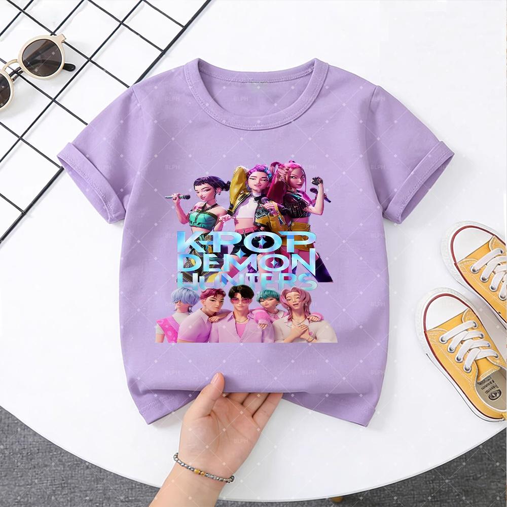 Stylish SAJABOYS KPop Demon Hunters Print Kids T-Shirt, Trendy Cartoon Character Tee for Boys and Girls