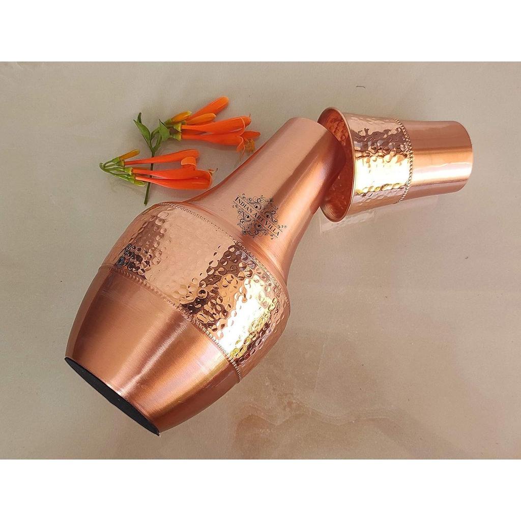 Pure Copper Printed with Health Benefits, Inbuilt Glass, Bedroom Water Bottle for Storage Purpose (Half Hammered Surahi Shape, 1300 ml) Set of 1