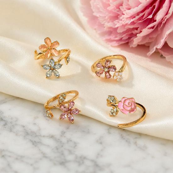 4Pcs/Set Adjustable Ring Set, Pink Flower Multi-Petal Design Finger Ring, Stackable Multi-piece Ring Set for Jewelry Gift