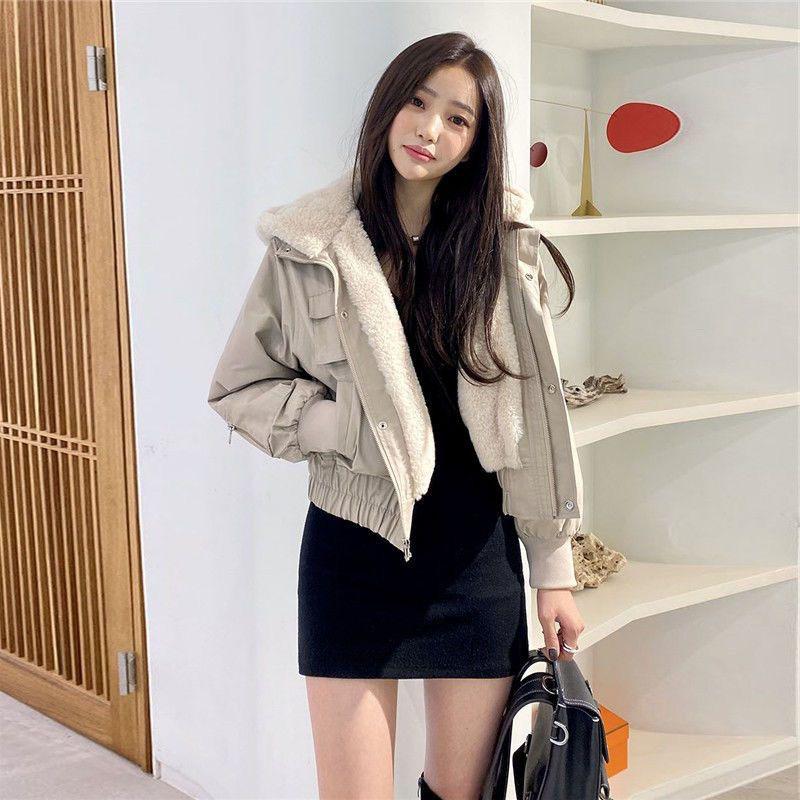 Women's Plush Winter Jackets Korean Loose Long Sleeve Hooded Short Parkas Coat Female Warm Plush Outwear