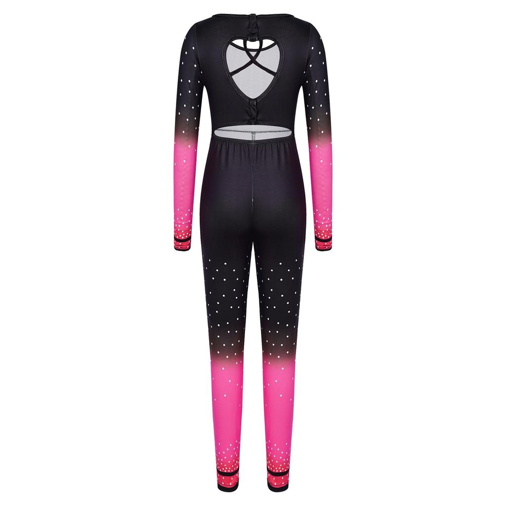 Girls Long Sleeve Cross Cutout Back Yoga Sports Bodysuit Dance Unitard Kids Full Length Dots Print Rhythmic Gymnastics Jumpsuit