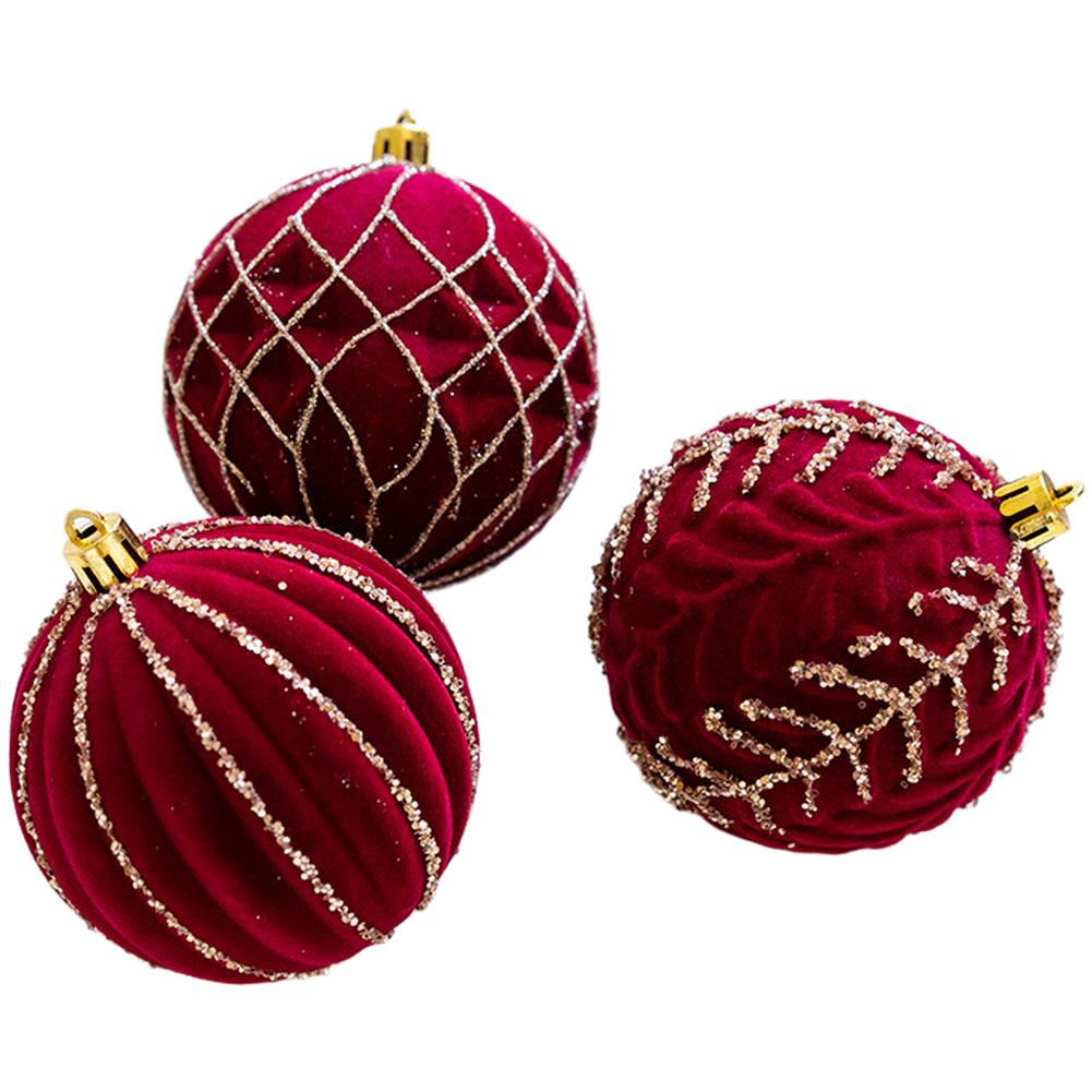 3pcs 8cm Wine Red Flocked Christmas Ornaments Christmas Tree Decorations Plastic Christmas Ball Festive Party Supplies For Home