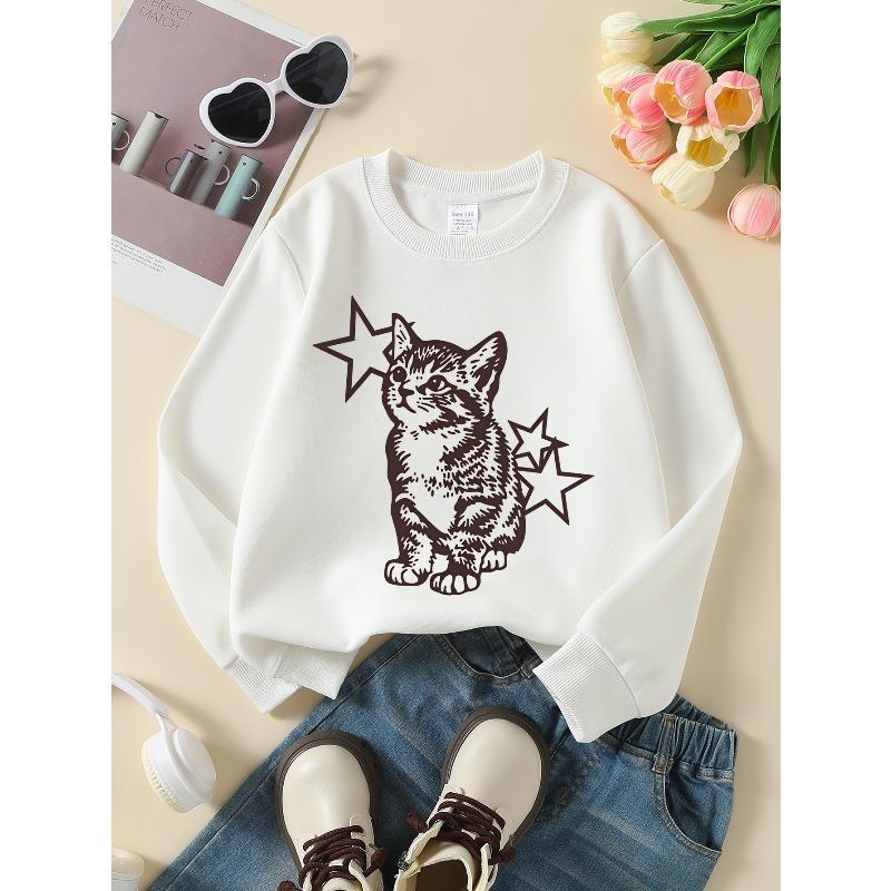 European sizes Kids' Crewneck Sweatshirt Cat with Stars Pattern Print , Sportswear And Casual Wear, Soft And Comfortable, Children's Clothing