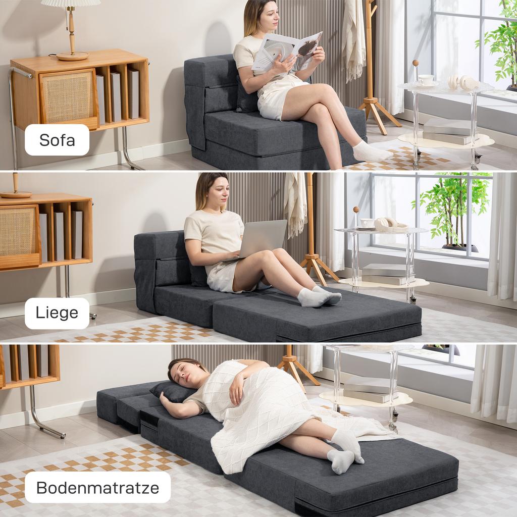 Floor Sofa, Upholstered Couch, Convertible Into Mattress, Foam, Cushion, Dark Grey