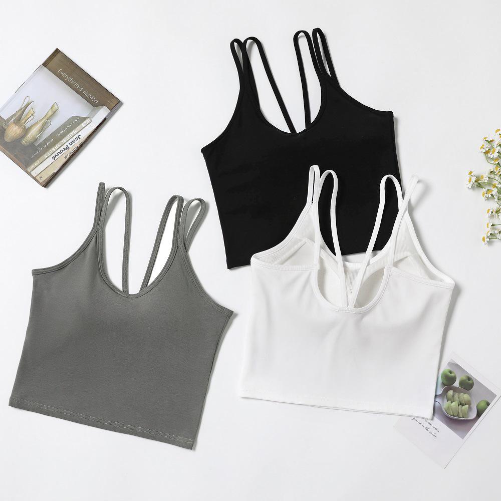 Summer Double Strap Cropped Camisole - Comfortable Solid Color Vest with Built-in Bra & Stylish Back Design