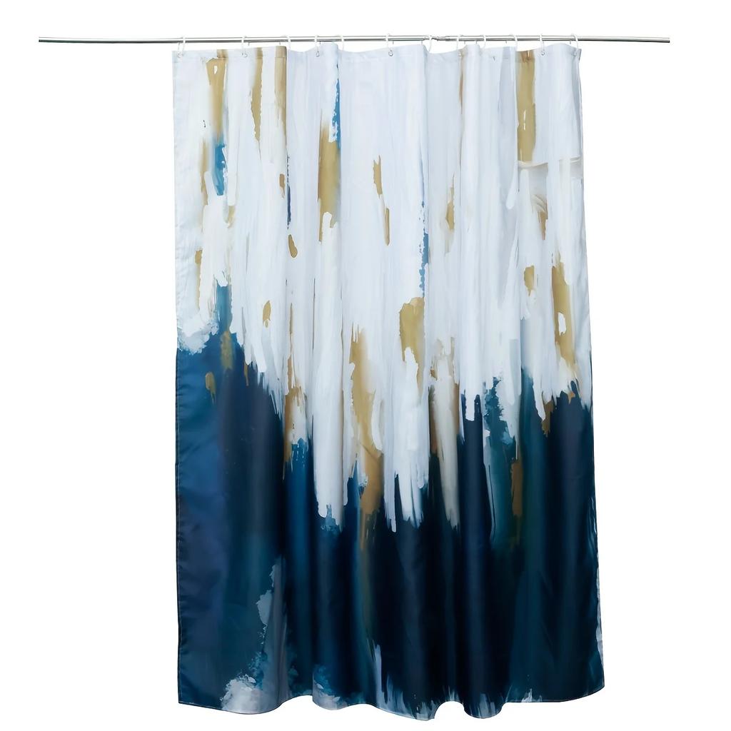 Elegant Abstract Watercolor Shower Curtain - Quick-Drying, Waterproof Polyester,Blue, White & Gold Design
