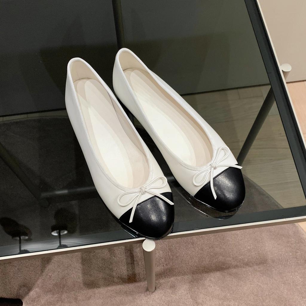 Cowhide version~ Xiaoxiangfeng bow color matching light mouth single shoes women's 2025 new flat bottom round head grandma shoes ladyshoes