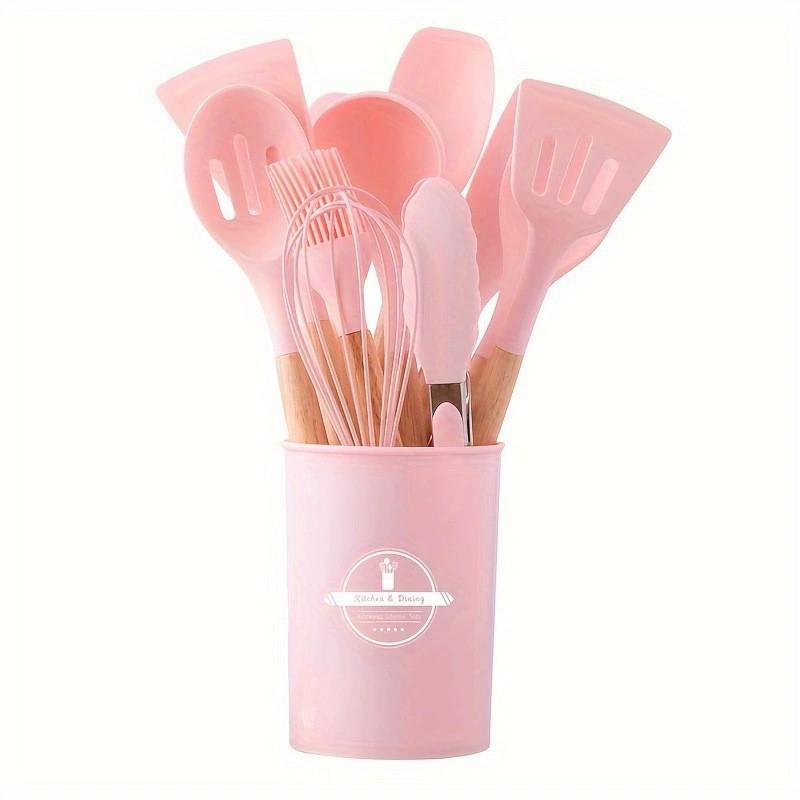 780g Silicone Kitchen Non-Stick 12-Piece Cookware Set with Wooden Handle Spatula Turner, Barrel Packaging