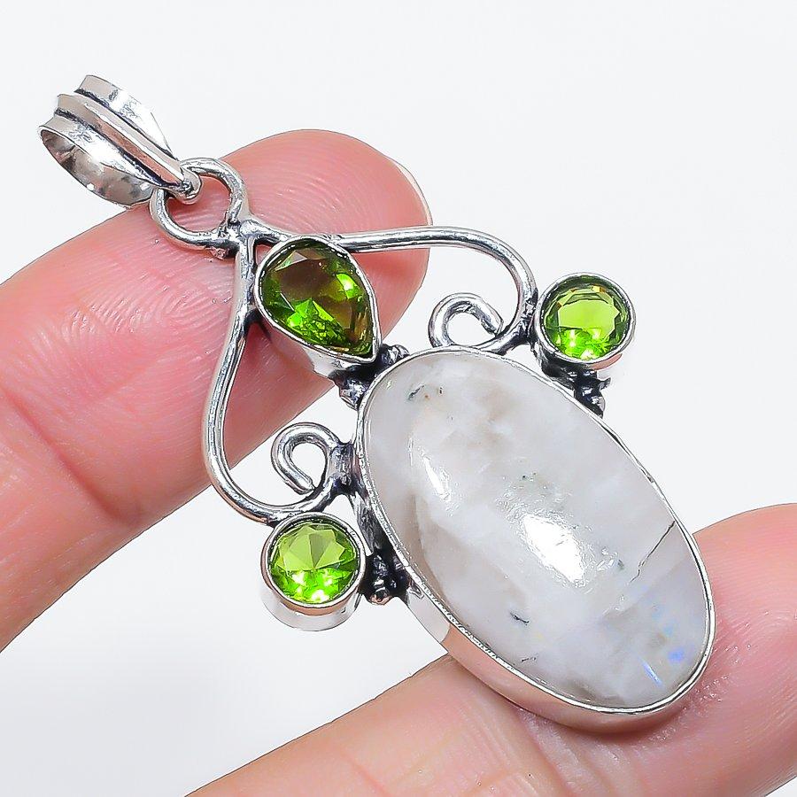 Natural Moonstone, Peridot 925 Sterling Silver Jewelry Pendant 2.25" U8T83