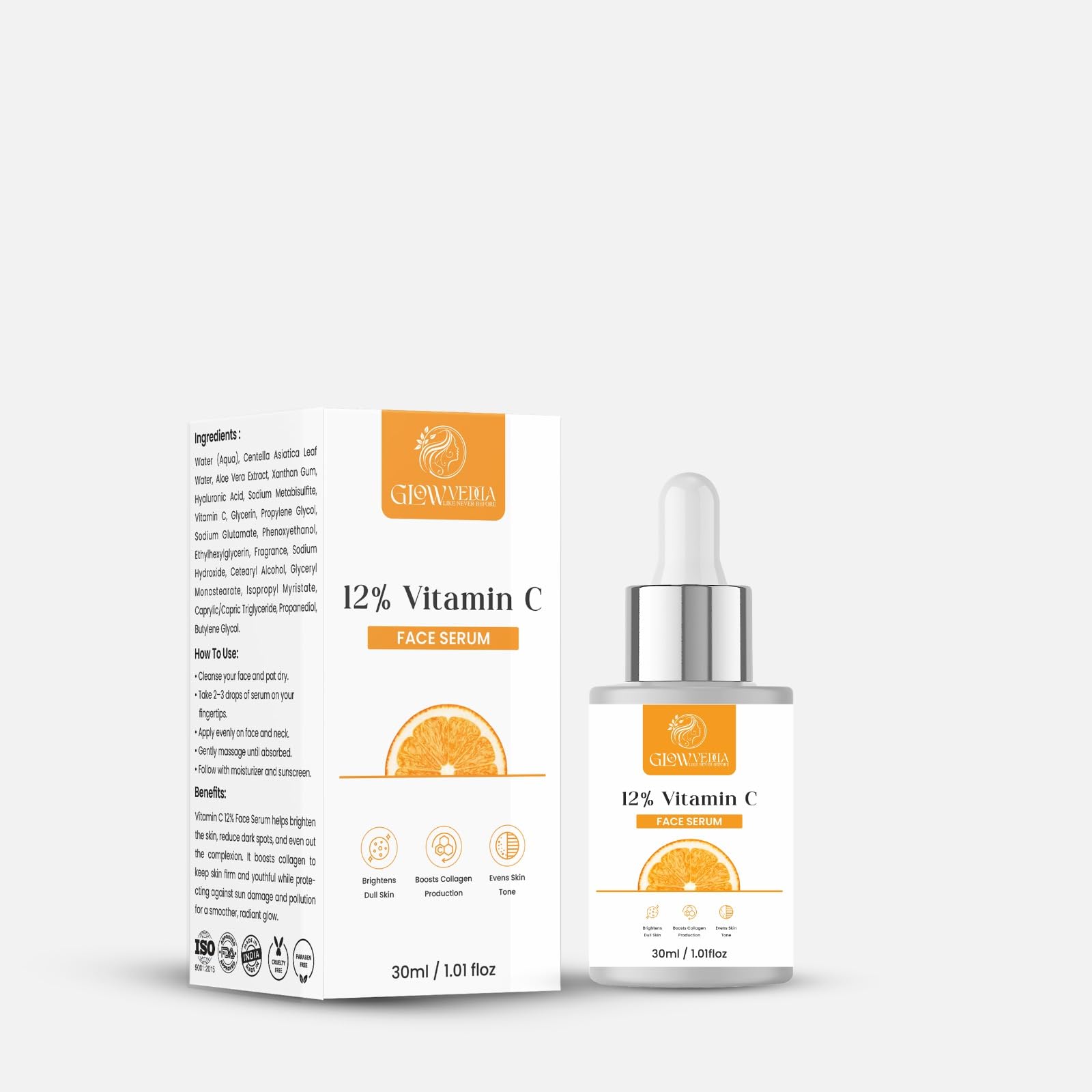 Glowveda 12% Vitamin C Face Serum for Brightening Skin, Boosting Collagen & Evening Skin Tone (30ml)