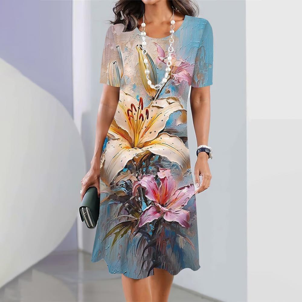 2026 Summer New Fashion Floral Print Short-sleeved Dress Women's Elegant Casual Dress