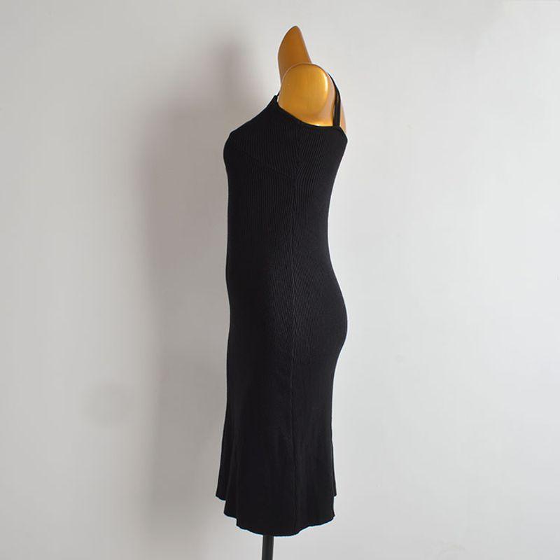 Western Style Gyaru Sexy Open Collarbone Knitted Dress Women Clothes Spring and Autumn Slim Fit Slimming Mid-Length Suspender Dress