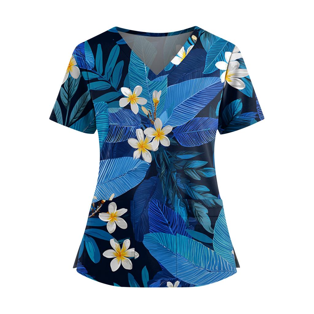 Women's Hawaiian Print V-Neck Double Pocket Short Sleeve Uniform/ Top