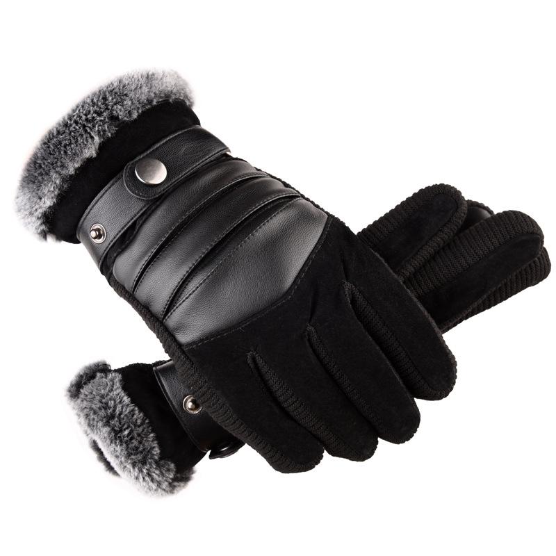 Brown Mens Leather Gloves Real Pigskin  Winter Gloves Warm Thick Driving Skiing Men's Gloves