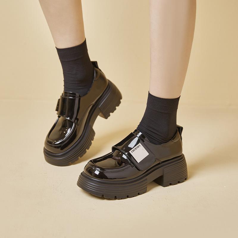 Loafers women's 2025 autumn new thick-soled Velcro versatile casual height increase black small leather shoes women's anti-wear feet