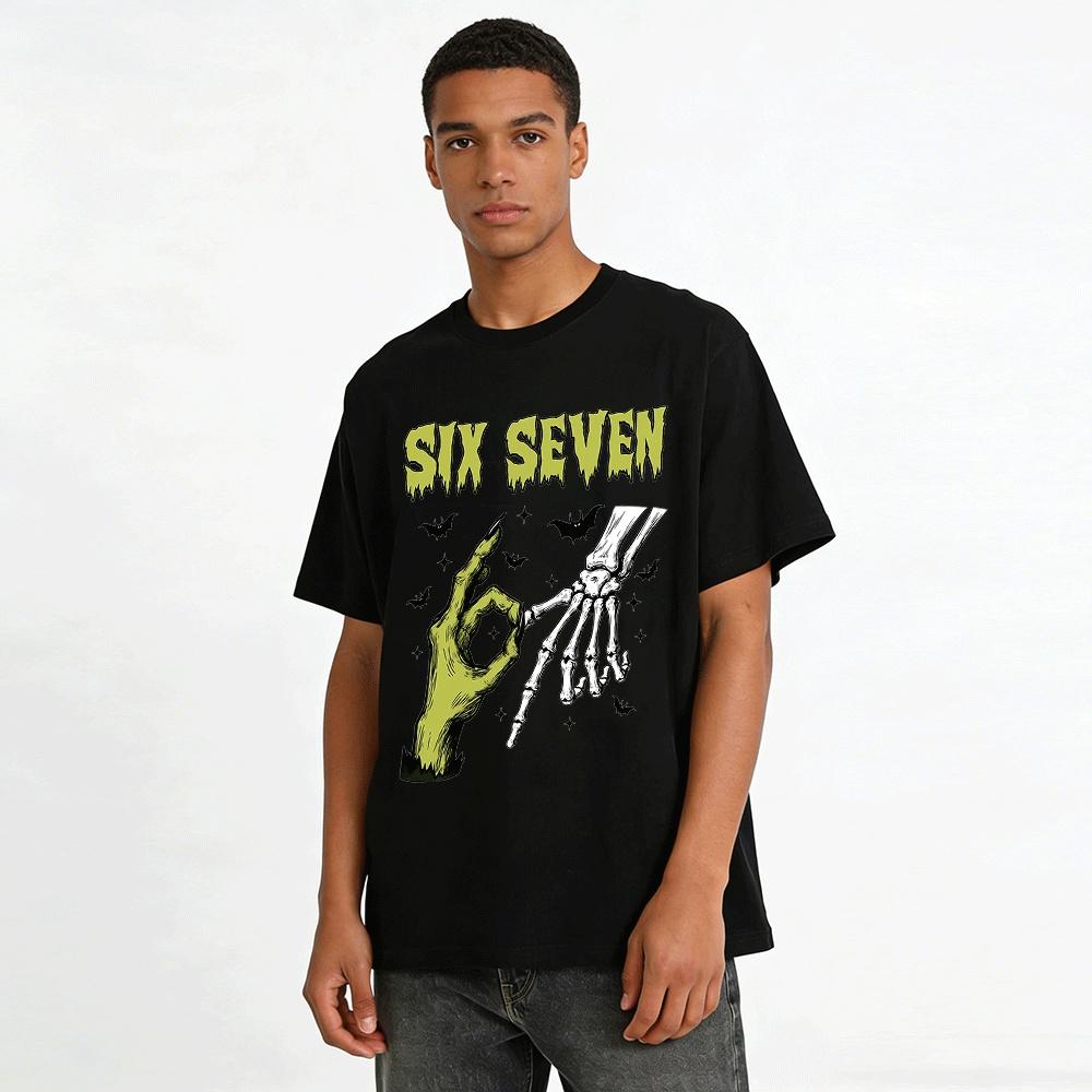 Halloween Six Seven Gesture Skeleton Zombie Hand Print Casual Tee Pure Cotton T-shirt