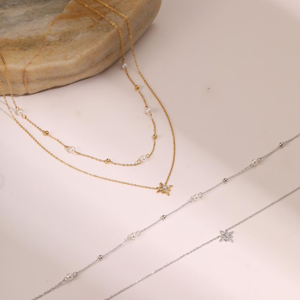 Double Layer Hexagram Star Diamond Encrusted Pearl Necklace Gold Fashion Jewelry