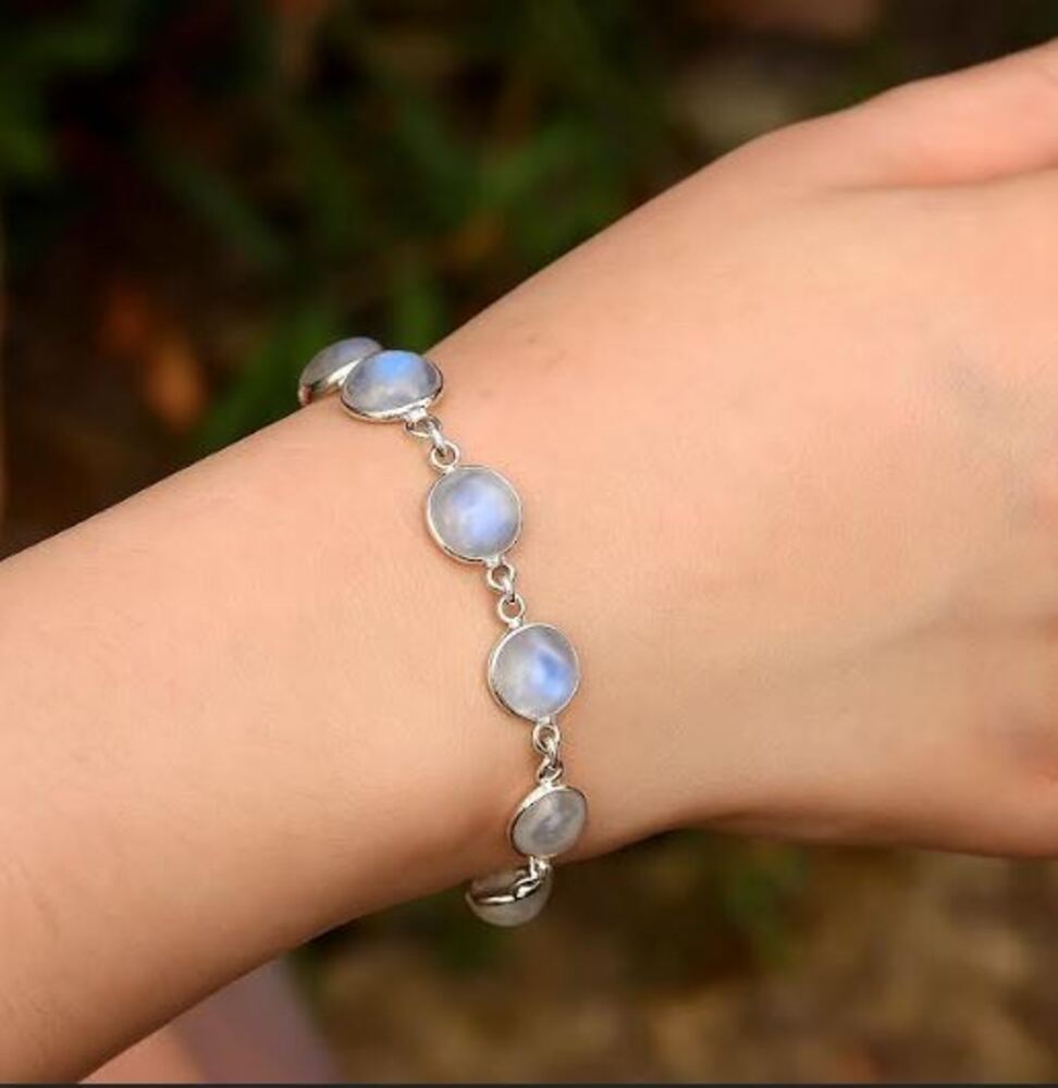 Solid 925 Sterling Silver Rainbow Moonstone Round Gemstone Handmade Designer Birthstone Bracelet Jewelry